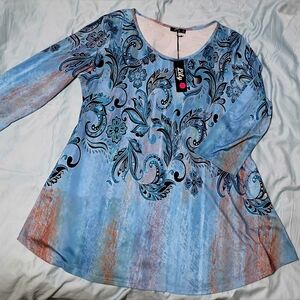 Lily by Firmiana Plus Size Blue Floral Paisley Print Long Sleeve Top Size 1XL